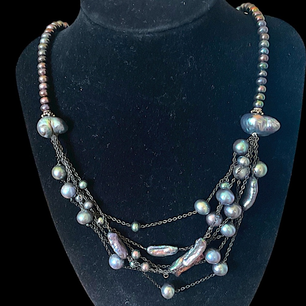 Vintage Black Pearl Sterling Silver Layered Statement Necklace